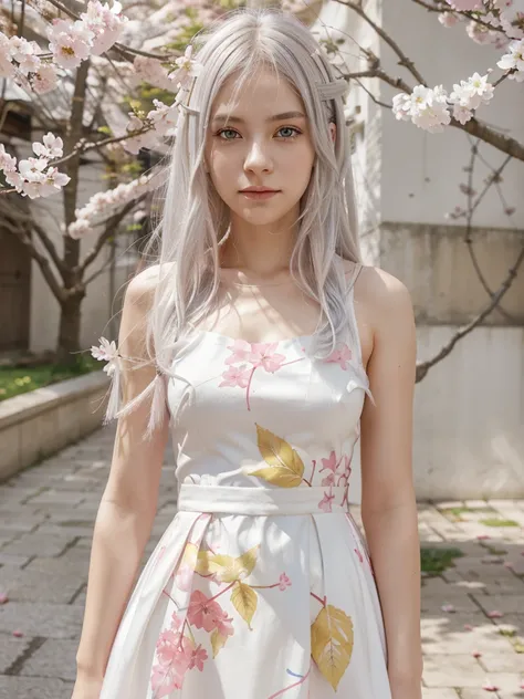 Light silver hair, yellow eyes, pink and white, sakura leafs, vivid colors, white dress, paint splash, simple background, ray tracing, normal hair