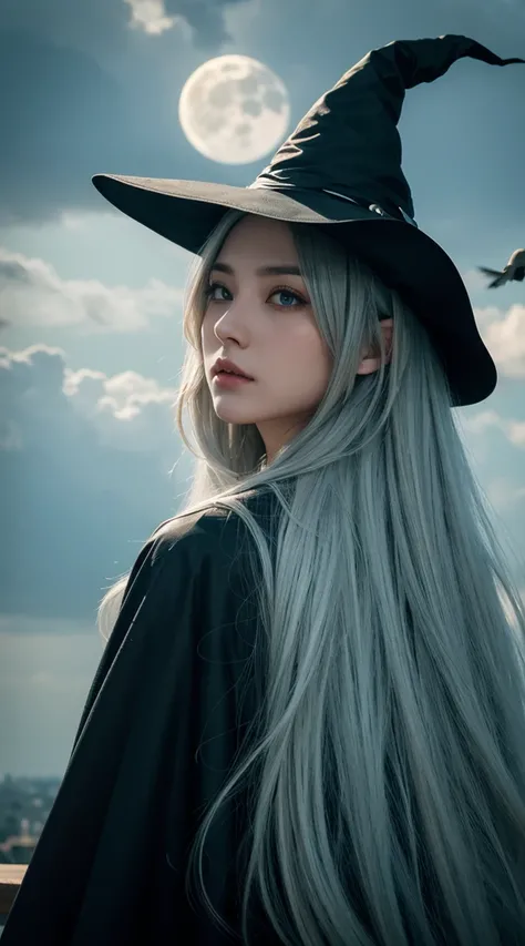 Highest quality, Very detailed, masterpiece, Super detailed, cloud, witch_Have, Have, One girl, null, green_null,Day, length_hair, cloudy_null, moon,bird, alone, Silver_hair, witch, Outdoor 