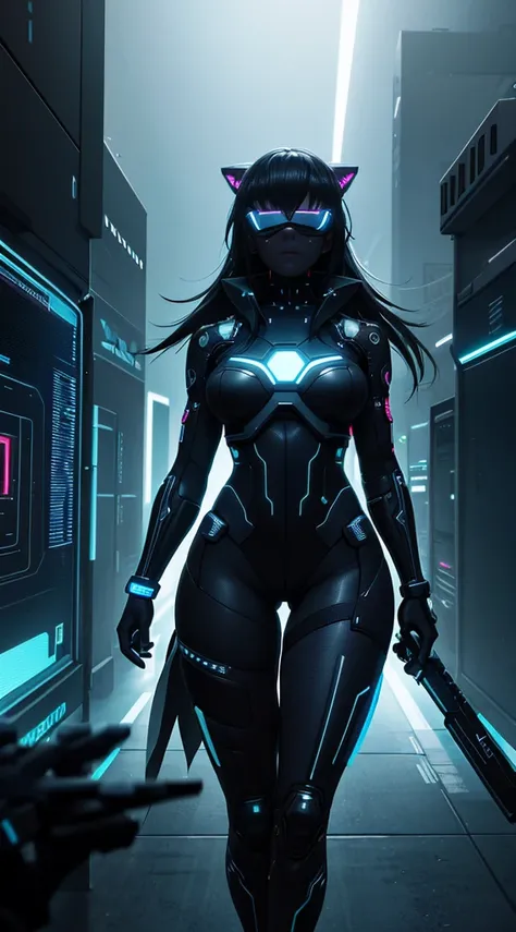 Cyberpunk style, ebony avatar, cyberspace, wireframe, matrix, tron, minimal, abstract, virtual reality, black background, neon lights, virtual interface, looking at camera, (ebony), dreads, sexy, thic, vr headset 