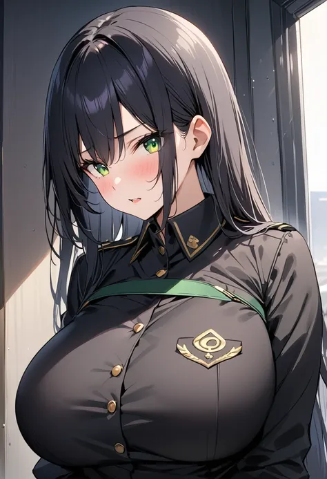 masterpiece、Highest quality、Best image quality、High resolution、Big Breasts、Black Hair、Green Eyes、long、Black Uniform、Unbranded uniform