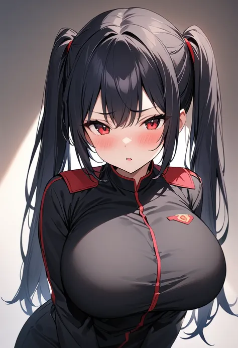 masterpiece、Highest quality、Best image quality、High resolution、Big Breasts、Black Hair、Red Eyes、Twin tails、Black Uniform、Unbranded uniform