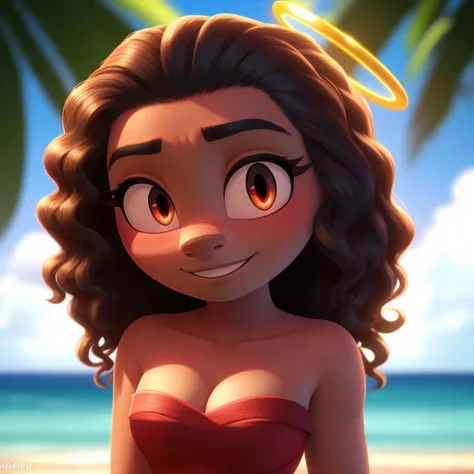 moana, strapless tight dress, cleavage, curly hair, halo, sunglasses, jewelry, red eyes, longeyelashes, red eyes, smile, shy, bl...