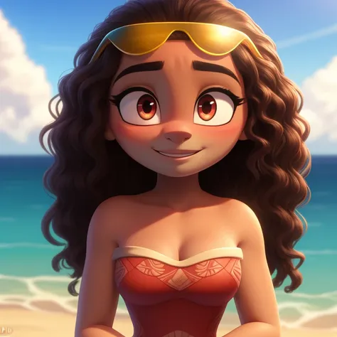 moana, strapless tight dress, cleavage, curly hair, halo, sunglasses, jewelry, red eyes, longeyelashes, red eyes, smile, shy, bl...