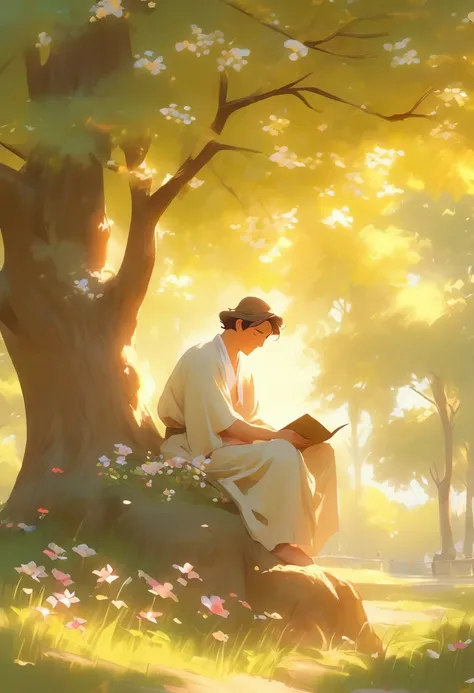 ((Masterpiece)), ((Best Quality)), (Very Detailed), ((Very Detailed)), 4K, (8K), very aesthetic, absurdres highres, In a park, a man rests in the shade of a tree with a floral parasol, relaxing against the heat. His summer clothes are wrinkled and sweat st...