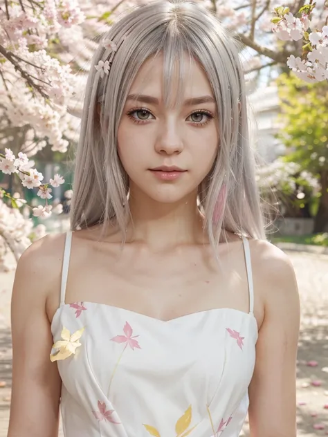 Light silver hair, yellow eyes, pink and white, sakura leafs, vivid colors, white dress, paint splash, simple background, ray tracing, normal hair, anime style 