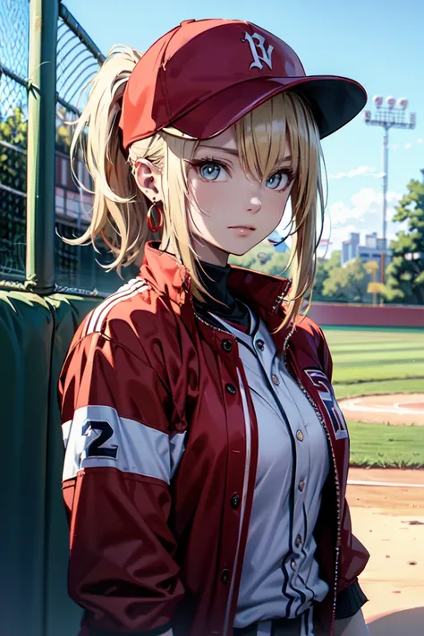 ((at the baseball field with the cat)),((cat ears)), ((sleeveless)),((wine red baseball cap)),((wearing a wine red baseball unif...