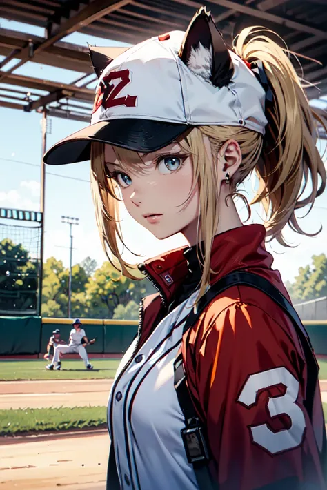 ((at the baseball field with the cat)),((cat ears)), ((sleeveless)),((wine red baseball cap)),((wearing a wine red baseball unif...