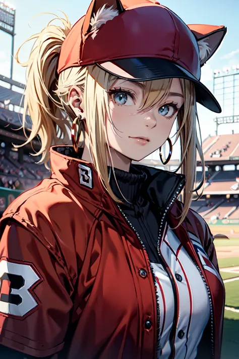 ((at the baseball field with the cat)),((cat ears)), ((sleeveless)),((wine red baseball cap)),((wearing a wine red baseball unif...