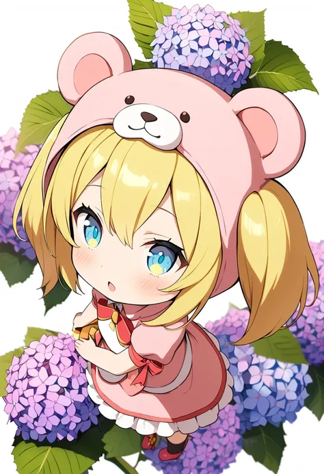 1girl,deltamon_beta, solo, (eyes highlight,((upturned eyes)),((Angle from above:1.3)),from above、Looking at camera,
BREAK short twintails ,blonde hair,((idol)),((loli,Maid)),((chibi,loli)), (((hydrangea:1.2),a lot of flowers)),(bear full body costume Kigur...