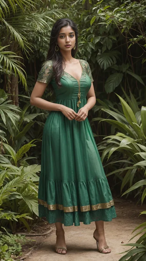 anusha baskar in a green dress posing for the camera, she is the center of the garden, the garden of eden, ancient garden behind...