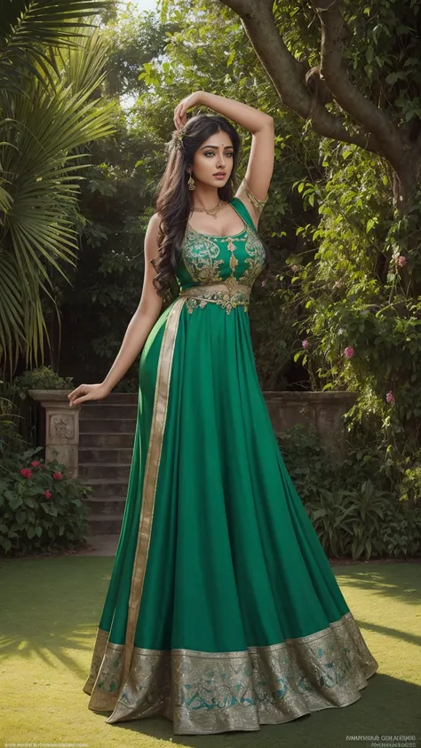 anusha baskar in a green dress posing for the camera, an album cover by Ignacio Zuloaga, trending on cg society, fantasy art, she is the center of the garden, the garden of eden, ancient garden behind her, beautiful eden garden, enchanted garden, the extre...