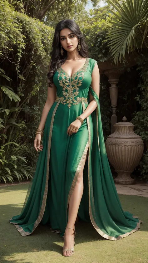 anusha baskar in a green dress posing for the camera, an album cover by Ignacio Zuloaga, trending on cg society, fantasy art, she is the center of the garden, the garden of eden, ancient garden behind her, beautiful eden garden, enchanted garden, the extre...