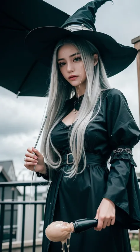 Highest quality, Very detailed, masterpiece, Super detailed, cloud, witch_Have, Have, One girl, null, green_null,Day, length_hair, cloudy_null, moon,bird, alone, Silver_hair, witch, Outdoor ,((( She is being made to cum)))