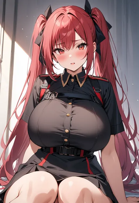 masterpiece、Highest quality、Best image quality、High resolution、Big Breasts、Red hair、Red Eyes、Twin tails、Black Uniform、Unbranded uniform