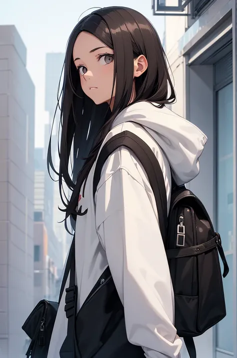 

"Create an illustration of a young woman with long, dark hair, wearing an oversized hoodie and carrying a backpack. The background should be a solid, light color, emphasizing the characters modern, casual style. She should have a calm, contemplative expr...