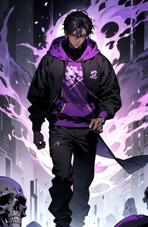 male with bones, looking away from camera, skulls, bones, handsome, black, dark skin, tall, broad shoulders, black hair, purple, purple fire, magic, detailed face, fantasy, hoodie
