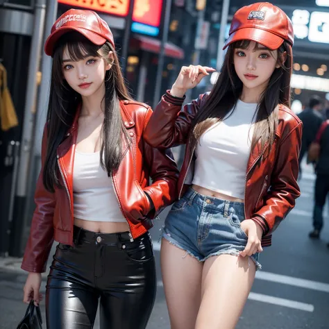 Perfect Face、Best Quality，smile，middle School girls，Long Hair，，Horny girl，Naughty Girls，Cyberpunk Girl，Leather pants，blue eyes，She has her bangs down，Red Leather Jacket，Wearing a cap hat，I have my hands in my pockets，Smooth hair，model，Gravure idol，Red leat...