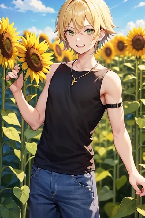 Anime boy, bared teeth smiling expression, with shoulder length blonde hair, green eyes, black T-shirt, blue jean shorts, gold cross necklace, standing in a tall sunflower field, holding a sunflower in hands, 