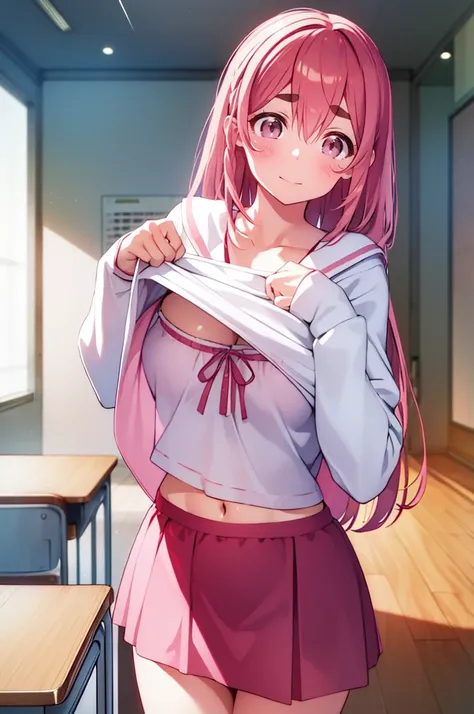 Sumisakurasawa, Sumi Sakurasawa, fringe, (pink eyes:1.5), hair between the eyes, pink hair, braid, hair bow, thick eyebrows,
Falda TO BREAK, shirt, long sleeves, bow, Love, , White shirt, seraph, Sailor necklace, Red ribbon, Neckband, Red skirt, white sail...