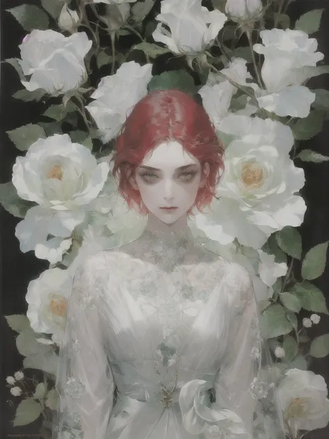 modern basic, (((Women))), A Vampire woman tarot card with, man, Perfect face, YOUNG, (((Oval face))), white clothes, soft and melancholic facial features, delicate, without wrinkles, Gothic style, perfect and detailed eyes and face, red hair and green eye...