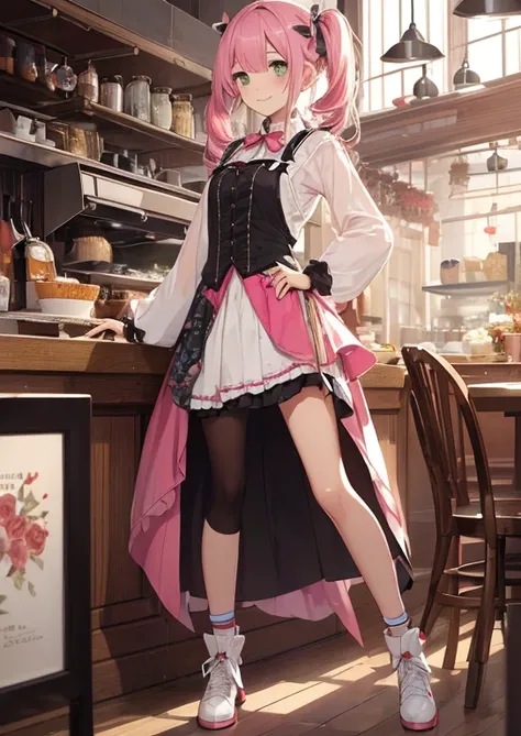 With a girl,Jewel Eyes,Beautiful arrangements and motifs、Few、Game character design、Written boundary depth , wonderful, beauty、Transparency、Game character design、(One Girl:1.0)、Pink Hair、Twin tails、Straight hair、cute、Upper Body、Green Eyes、Inside the cafe、Ca...