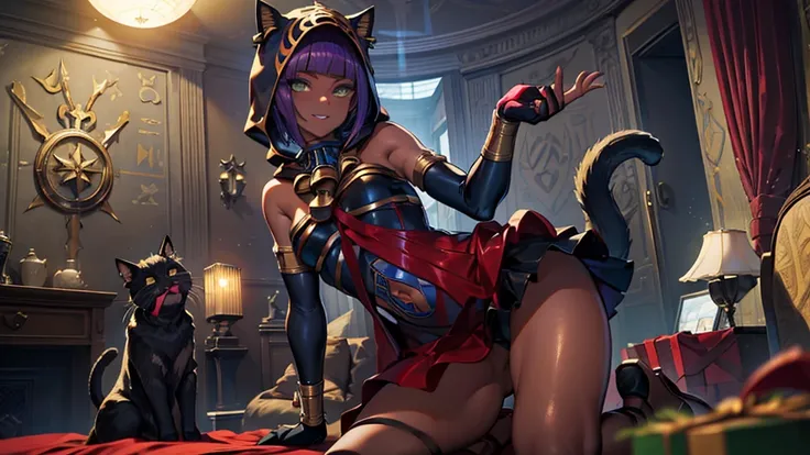 Masterpiece, best quality, absurdres, ((1girl)), , menat_holiday,  light smile, dark skin, Green eyes, egyptian, bob cut, red dress, (black hood), black gloves,(shiny thighs),, , bare shoulders,sexy thighs,beautiful hip line,((solo)),,evil smile,,,in bedro...