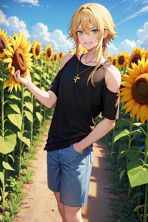 Anime boy, bared teeth smiling expression, with long shoulder length blonde hair, green eyes, black T-shirt, blue jean shorts, gold cross necklace, standing in a tall sunflower field, holding a sunflower in hands, 