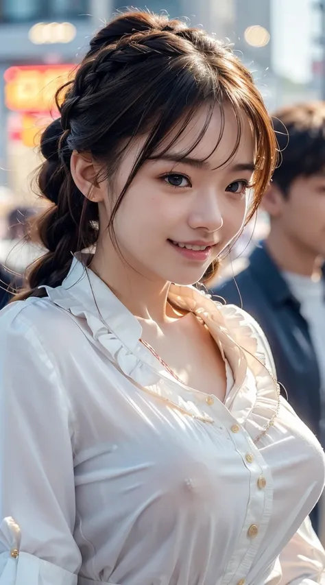 Highest quality, Realistic, 1peopleの女の子, woman,(Skin Dentition), Mid-chest, (bright), (Professional Lighting, Bokeh), (street), people々, crowd, Braided bangs, (blouse:1.5), (I wore:0.8), nice, bloom, Floating Hair, (Dynamic pose:0.6) , Soft lighting, ,((( ...