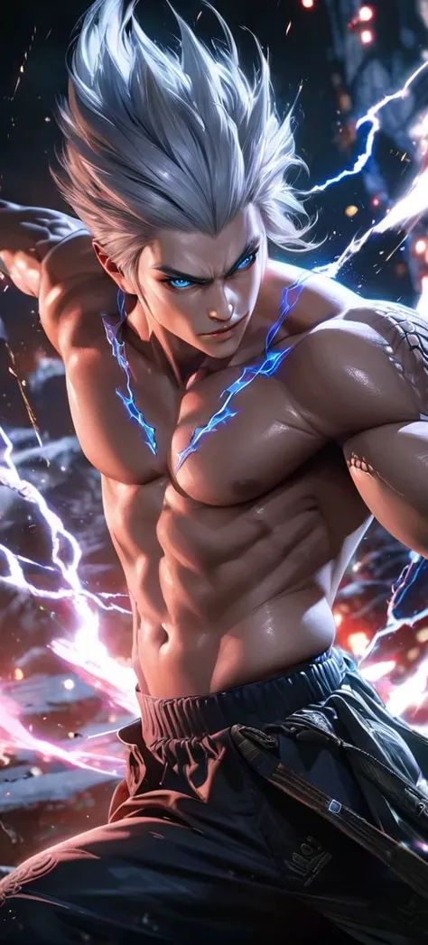  Far view,High quality, ultra realistic,absurdres, highres, ultra detailed, HDR, masterpiece, extremely detailed face and eyes, a cool topless fighter, cool pose, dragon on back, tekken, ,, cool white hair , solo, ,man, handsome, ,white eyeleshes, blue eye...