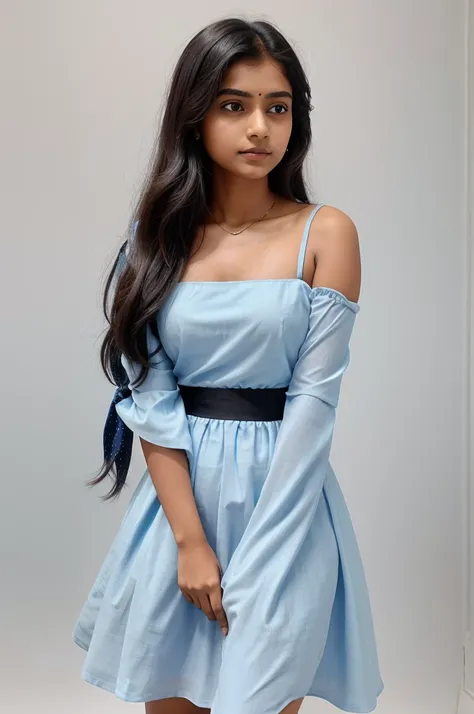 An indian girl wearing a frock, 100%white background. The colour of the frock is blue hue with black dots around the end of the frock... fading towards upwards, near aeound her knee. The sleeves are shoulder thick strap, the neck cut is rectangular. 