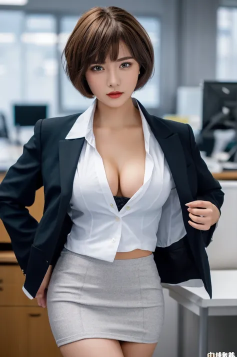 a 19 year old face of the most beautiful actress in the world, the short hair cut of a female is just like male one, the perfect body proportions of a female, formal shirt under blazer is covering large breasts of female upper body, panties between bare le...