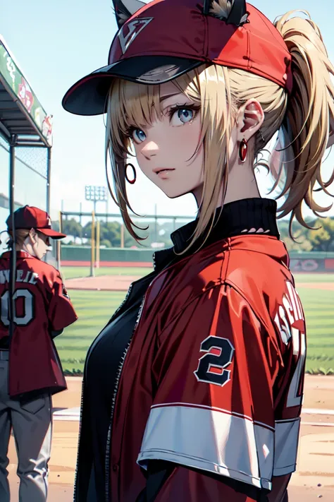 ((at the baseball field with the cat)),((cat ears)), ((sleeveless)),((wine red baseball cap)),((wearing a wine red baseball unif...