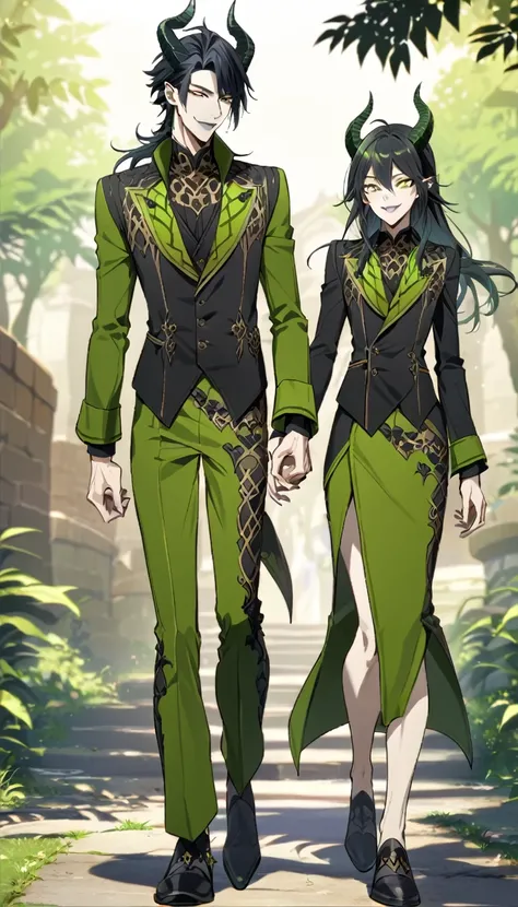 masterpiece, best quality,  full body shot, looking at another(1nd boy, malleus draconia (twisted wonderland) horns, bishounen, boy, male, yana Toboso style, long hair, black hair, yellow green eyes, smile, gray lips, handsome, skinny, tall, yellow green g...