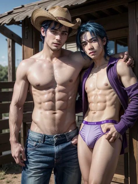 An attractive cowboy man with brown eyes, blue hair with purple touches on a hot day,  in short red and purple underwear 