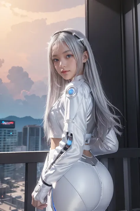 ((masterpiece, best quality, extremely detailed), volumetric lighting, ambient occlusion, colorful, glowing), 
1girl, solo, young girl, (silver hair), long hair, halo, aura, sacred, goddess, cyber suit, (white outfit:1.3), 
outdoors, sunset, sky, clouds, s...