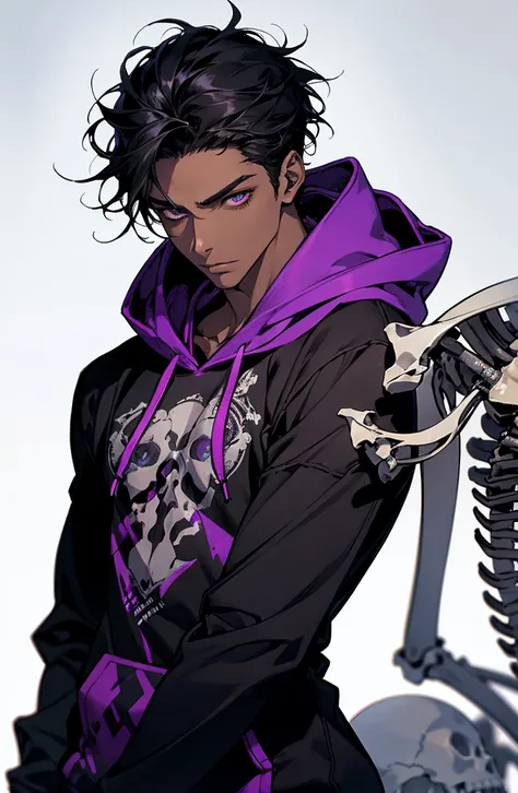 male with bones, looking away from camera, skulls, bones, handsome, black, dark skin, tall, broad shoulders, black hair, purple, purple fire, magic, detailed face, fantasy, hoodie
