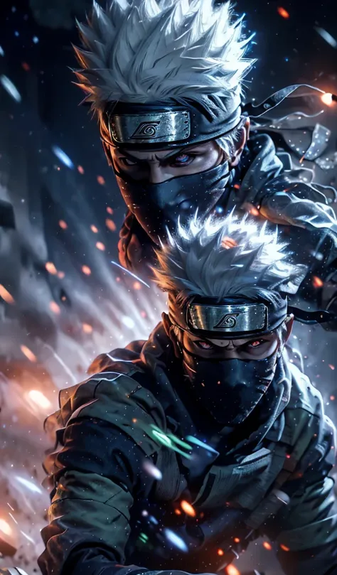 close-up detailed portrait of kakashi hatake from naruto, hyper realistic, glowing  blue eyes,dramatic, gritty, intense expressi...