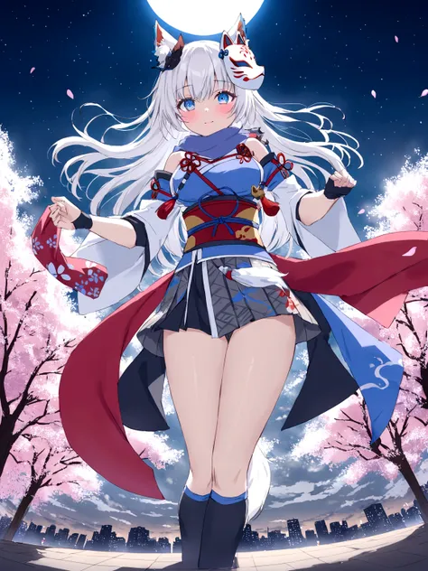 insert、Asahi、A magnificent view of the city from the treetopasterpiece, best quality:1.2), 1girl, 独奏,Wolf girl, fox mask, ninja, girl, long white hair, odd eyes, blue kimono, ninja girl, red and blue scarf,Dancing Cherry Blossoms,Full moon backlighting, li...