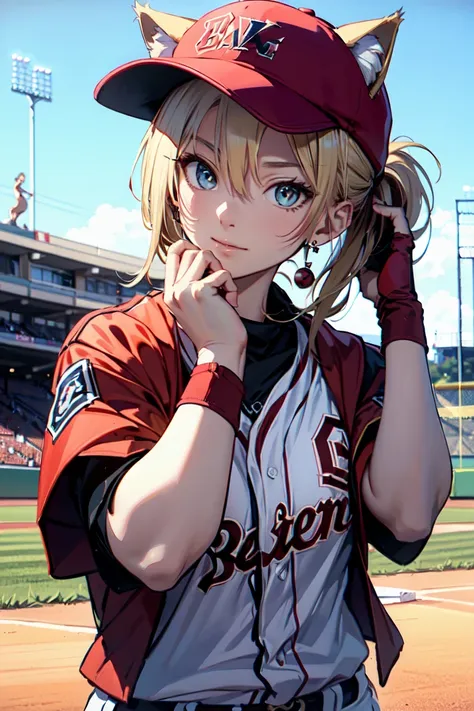 (rabbit pose:1.2),((at the baseball field with the cat)),((cat ears)), ((sleeveless)),((wine red baseball cap)),((wearing a wine...