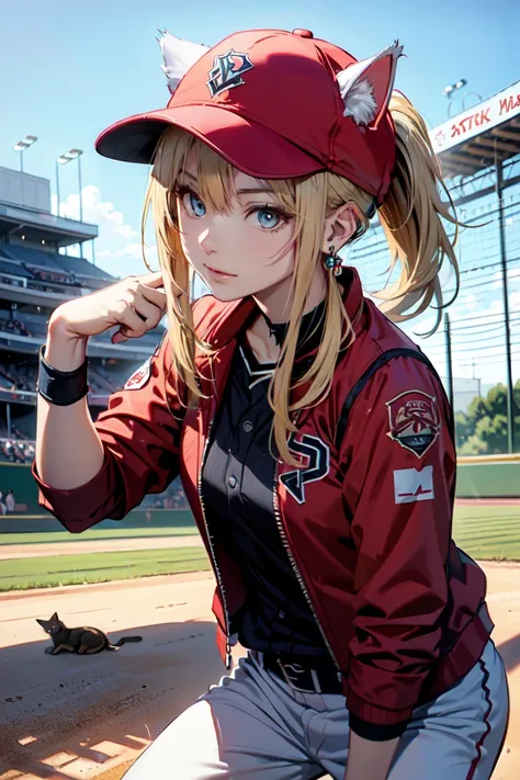 (rabbit pose:1.2),((at the baseball field with the cat)),((cat ears)), ((sleeveless)),((wine red baseball cap)),((wearing a wine...