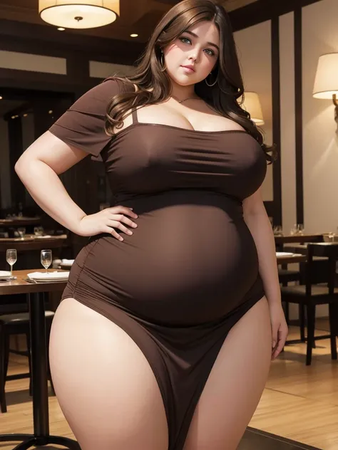 A Very obese Very beautiful young ussbbw with short wavy brown hair, blue eyes, huge fat soft belly, very wide obese hips and very thicc fat legs and fat arms, in a tight dress in a fancy restaurant