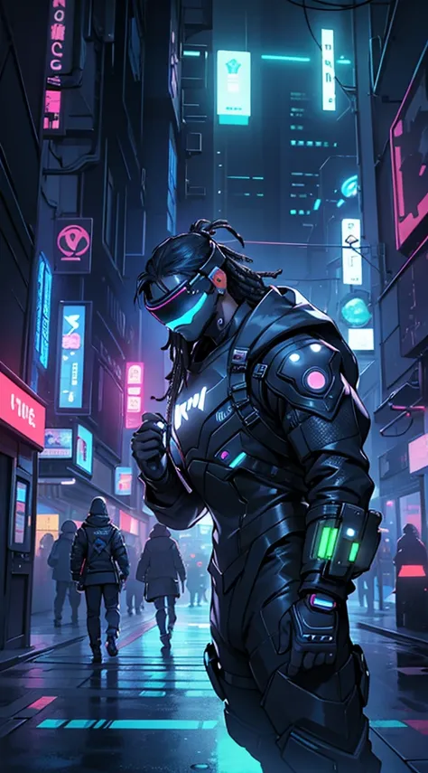 Cyberpunk style, ebony avatar, cyberspace, wireframe, matrix, tron, minimal, abstract, virtual reality, black background, neon lights, virtual interface, looking at camera, (ebony), dreads, sexy, thic, vr headset 