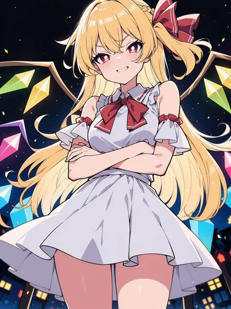 (cowboy shot), (ultra-high resolution, depth of field:1.2), (Flandre scarlet:1.1), (1woman), (adult), in her 20s, Touhou project, (medium breasts:1.1), (red eyes), (blonde hair), long straight hair, (french braid:1.2), red ribbon, (intricate sundress), (wh...