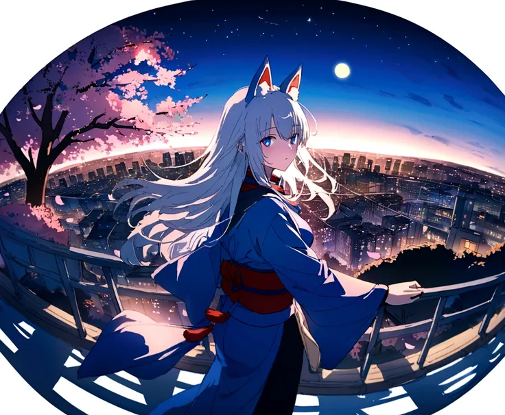 A magnificent view of the city from the treetopasterpiece, best quality:1.2), 1girl, 独奏,Wolf girl, fox mask, ninja, girl, long white hair, odd eyes, blue kimono, ninja girl, red and blue scarf,Dancing Cherry Blossoms,Full moon backlighting, light coming in...