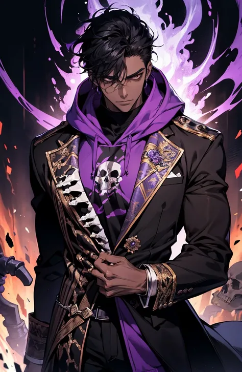 male with bones, looking away from camera, skulls, bones, handsome, black, dark skin, tall, broad shoulders, black hair, purple, purple fire, magic, detailed face, fantasy, hoodie
