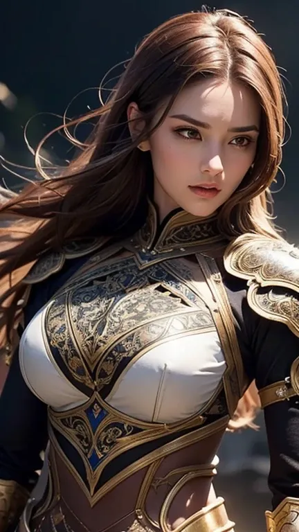 Attractive female knight dressed in intricate and beautifully crafted leather armor, holding a gleaming sword. She wears a mix of brown and black leather, intricately designed to showcase both elegance and strength. The armor features detailed patterns and...