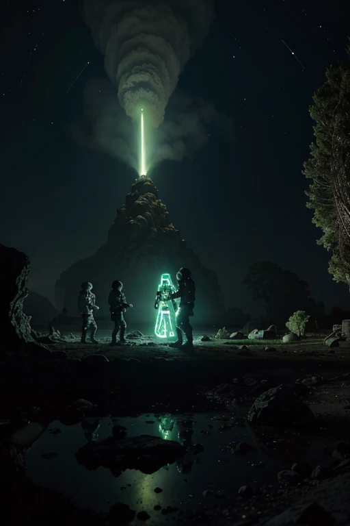 Astronauts exploring with small roverts ancient bioluminescent extraterrestrial ruins of an ancient alien civilization on a distant unknown planet ,green colors, alien inscriptions 