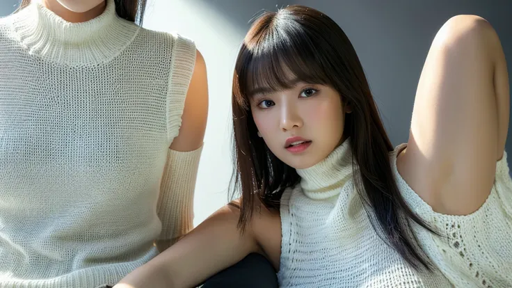 (detailed face),((crotch)),normal breasts,pretty,sleeveless and turtle neck white Knitted clothes,4k ,super high resolution ,(photo-realistic: 1.7),black background,long hair,bangs,