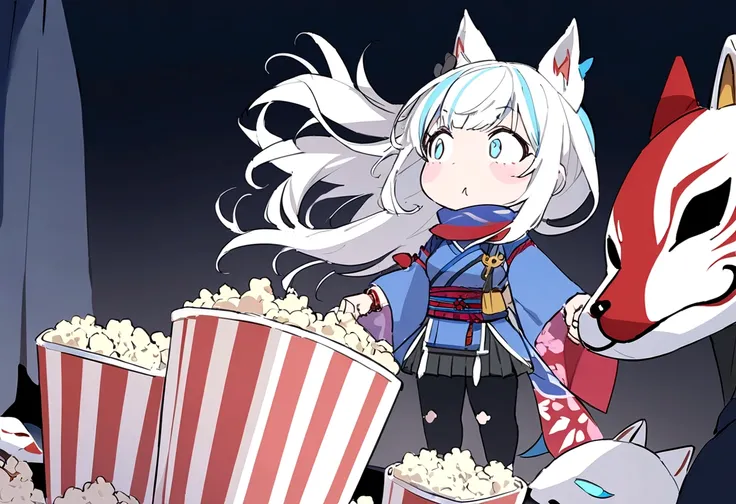 Movie viewing、profile、movie theatre、Surprised、Looking at the screen with his mouth wide open, watching a movie while eating popcorn、Watch videos、(masterpiece, best quality:1.2), 1girl, 独奏,Wolf girl, fox mask, ninja, girl, long white hair, odd eyes, blue ki...