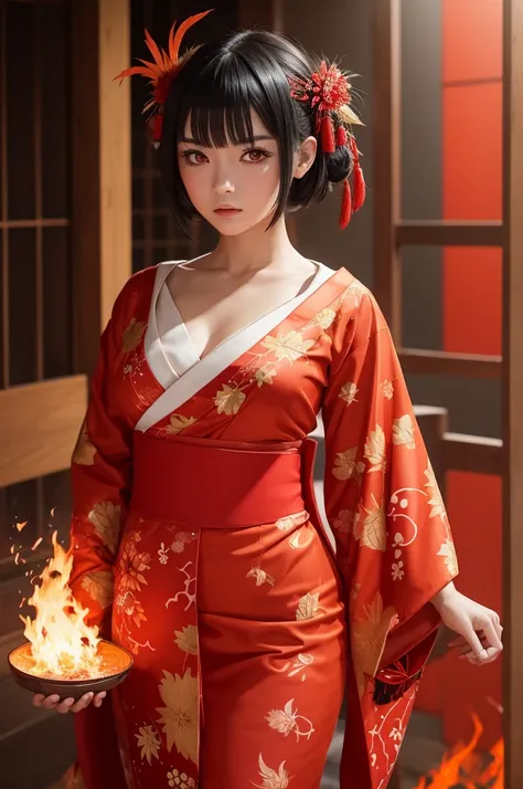 Anime girl with short black hair that turns scarlet red when angry, eyes that reflect the fire within. Japanese Kimono Costume in Red, laranja e dourado, with fire ornaments and phoenix feathers. 2d